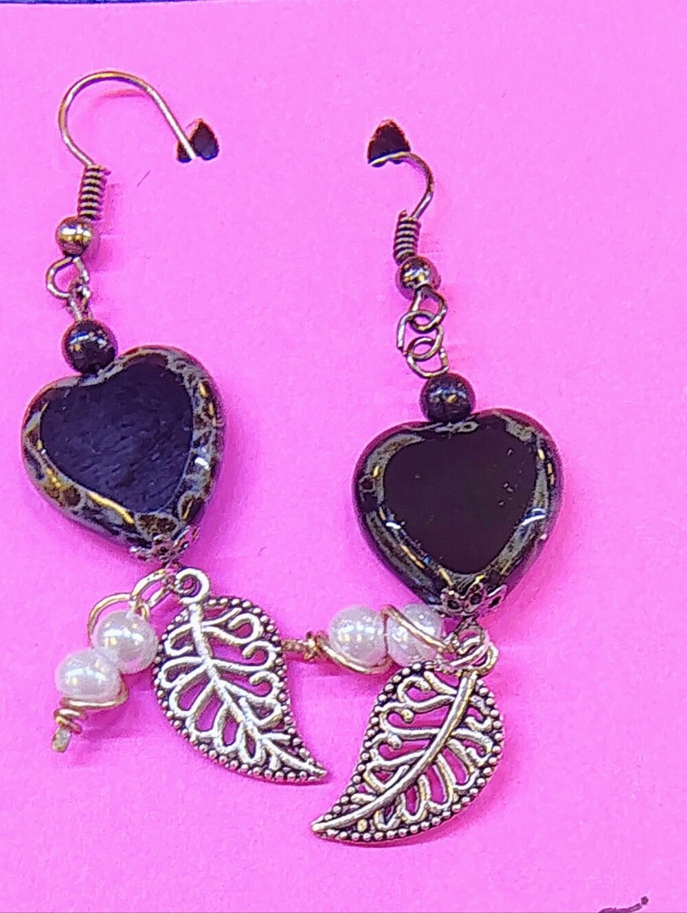 Handmade Black Heart Dangle Earrings with Silver Leaf and Pearl Accents